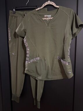 Grey's Anatomy Olive Scrub Set with Leopard Accents